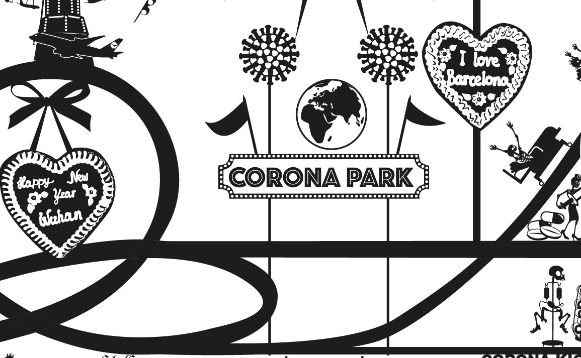 Ausschnitt aus dem Linoldruck 'Corona Park'. In Schwarz/ Weiß, der Start einer Achterbahn, dahinter ein schild mit der Aufschrift 'Corona Park'. width='300'
