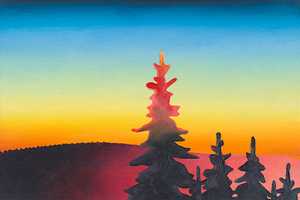 Sonnenuntergang mit Tannen (2002) Öl auf Hartfaserplatte (17,5 cm x 25 cm)
